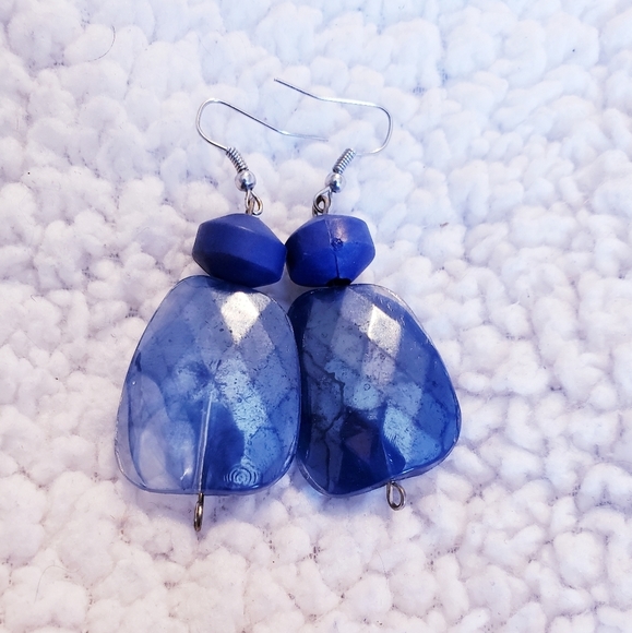 Handmade Blue Beaded Dangling Earrings. - Picture 2 of 2